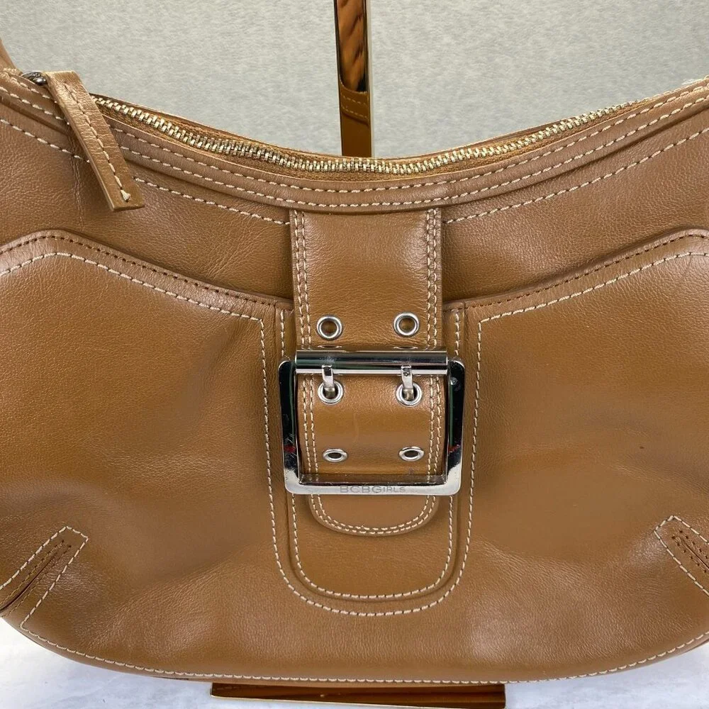 BCBG Girls Tan‎ Leather Shoulder Bag,Preppy,Zipper